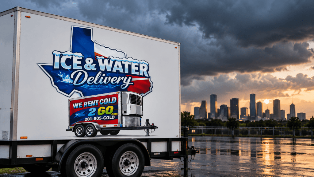 We Rent Cold refrigerated trailer in Houston during stormy weather for hurricane season cold storage.